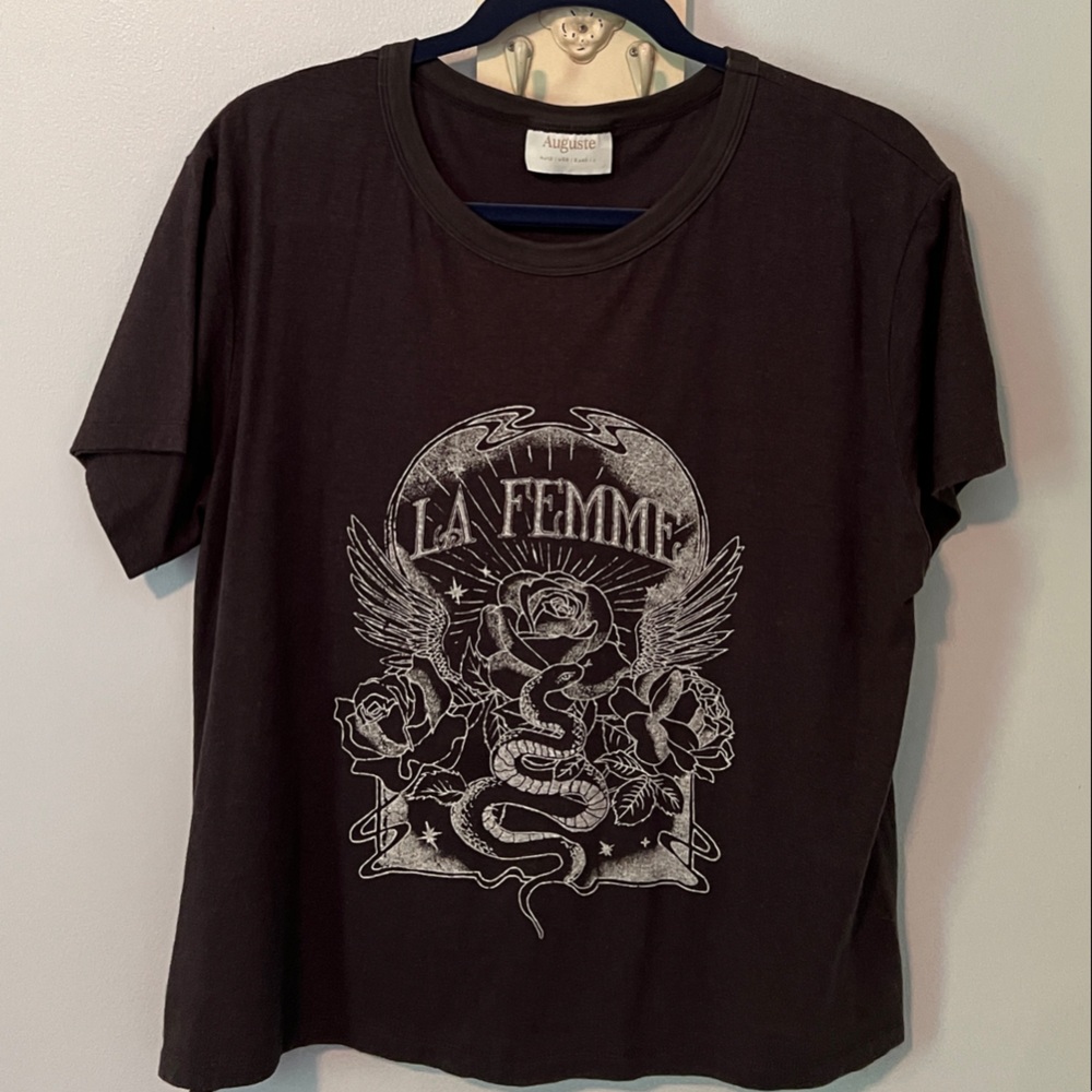 Auguste The Label Black Tee with Snake and Roses Graphic